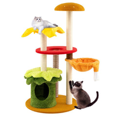 46 Inch Hamburger Cat Tree with Basket Bed, Flower Condo and 5 Sisal Posts, Yellow