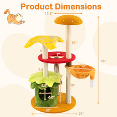 46 Inch Hamburger Cat Tree with Basket Bed, Flower Condo and 5 Sisal Posts, Yellow