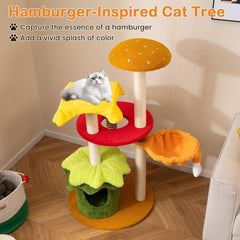 46 Inch Hamburger Cat Tree with Basket Bed, Flower Condo and 5 Sisal Posts, Yellow