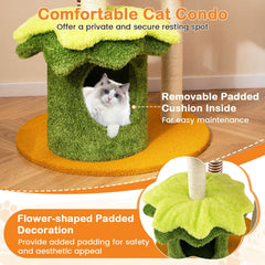 46 Inch Hamburger Cat Tree with Basket Bed, Flower Condo and 5 Sisal Posts, Yellow
