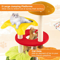 46 Inch Hamburger Cat Tree with Basket Bed, Flower Condo and 5 Sisal Posts, Yellow