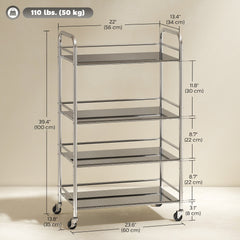 3 Tier Stainless Steel Rolling Cart with Adjustable Shelf, Utility Cart on Wheels with Handles for Kitchen, Silver