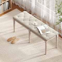 47.5 Inch Upholstered Bench with Carved Rubber Wood Legs and Padded Seat-Beige