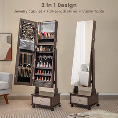 47 Inch Lockable Jewelry Cabinet Armoire with 3-Color LED Lights-Brown