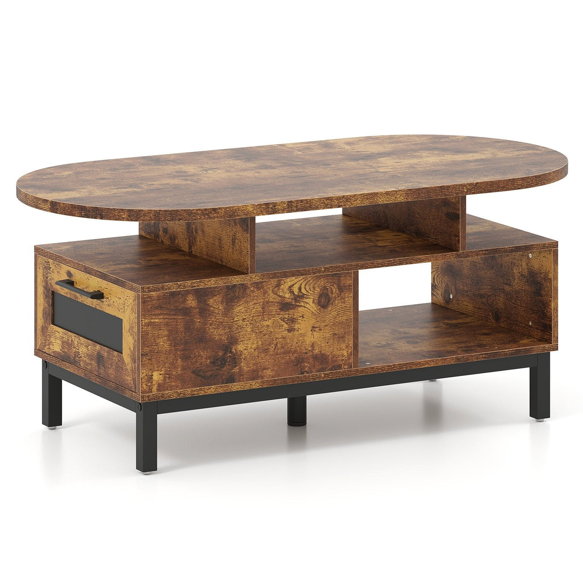 47 Inch Oval Coffee Table with Storage and Open Compartments for Living Room-Rustic Brown
