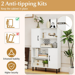 47 Inch Storage Cabinet Freestanding Bookcase with 2 Doors and 4 Open Shelves-White