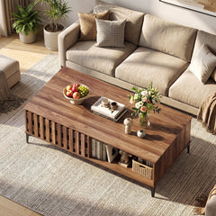 47 Inches Mid Century Coffee Table Farmhouse Wooden Center Table-Walnut