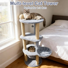 47 Inch Cat Tower with Rotatable Basket Bed, Deep Nest and Scratching Ball, Gray