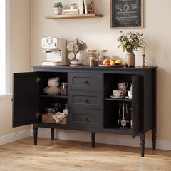 47 inches Vintage Buffet Cabinet with 3 Drawers 2 Cabinets and Adjustable Shelves for Dining Room-Black