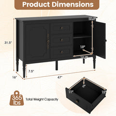 47 inches Vintage Buffet Cabinet with 3 Drawers 2 Cabinets and Adjustable Shelves for Dining Room-Black