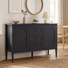 47 inches Vintage Buffet Cabinet with 3 Drawers 2 Cabinets and Adjustable Shelves for Dining Room-Black