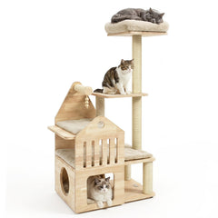 48.5 Inch Solid Rubber Wood Cat Tree with House Shaped Condo, 3 Entry Holes and Sisal Posts, Beige