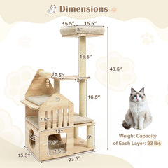 48.5 Inch Solid Rubber Wood Cat Tree with House Shaped Condo, 3 Entry Holes and Sisal Posts, Beige