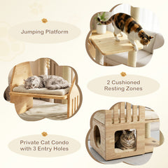 48.5 Inch Solid Rubber Wood Cat Tree with House Shaped Condo, 3 Entry Holes and Sisal Posts, Beige