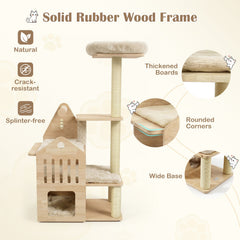 48.5 Inch Solid Rubber Wood Cat Tree with House Shaped Condo, 3 Entry Holes and Sisal Posts, Beige
