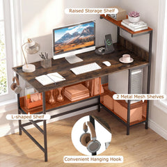 48 Inch Computer Desk with Power Outlets and Storage Shelves-Rustic Brown