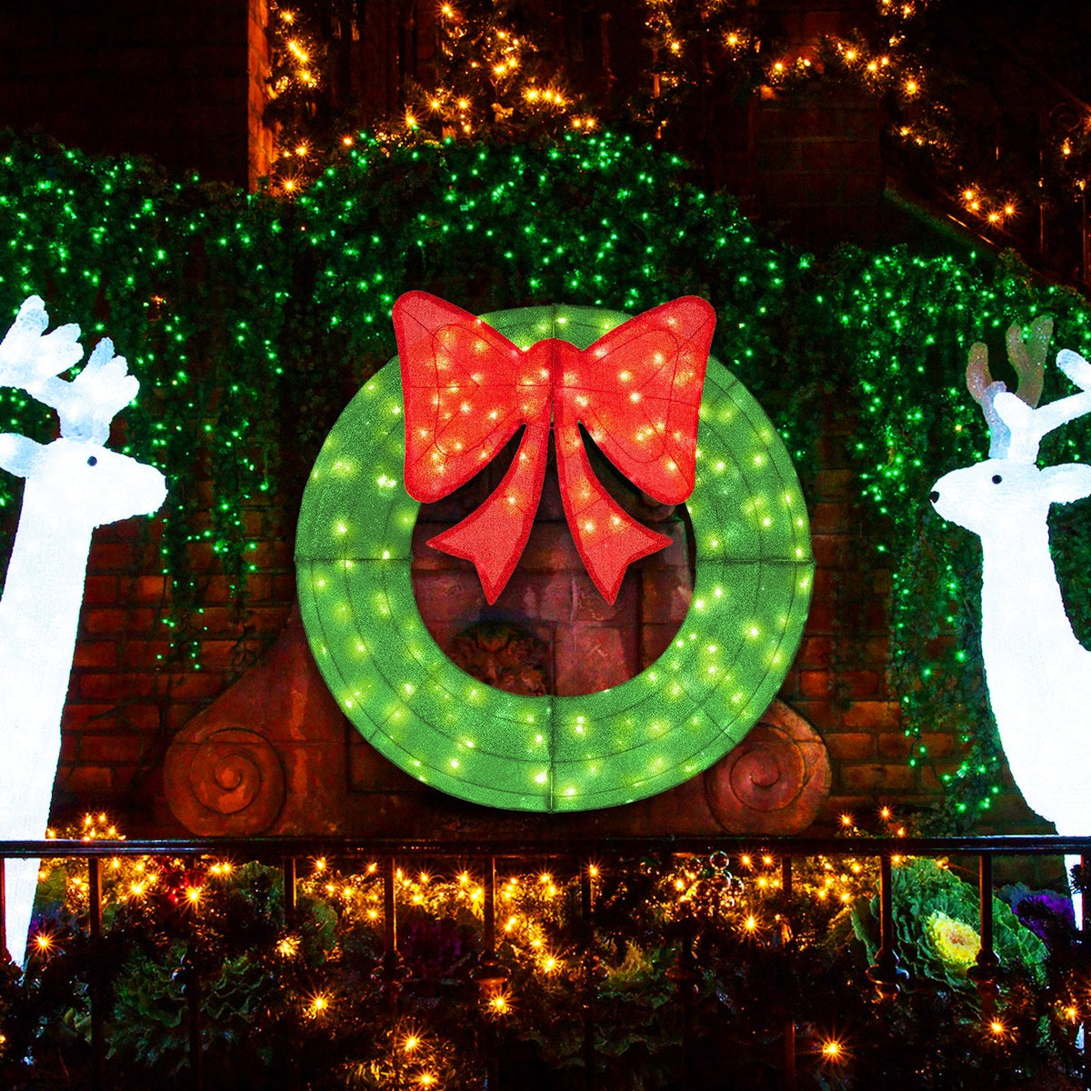 48 Inch Pre-Lit Lighted Christmas Mesh Wreath with Bow and 200 LED Bulbs-Green