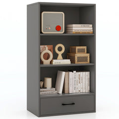4 Tier Wood Bookcase with Drawer, 42.5 Inches Tall, Grey