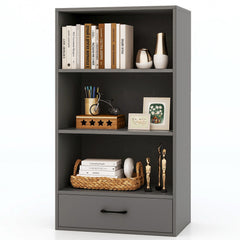4 Tier Wood Bookcase with Drawer, 42.5 Inches Tall, Grey