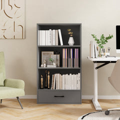 4 Tier Wood Bookcase with Drawer, 42.5 Inches Tall, Grey