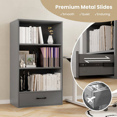 4 Tier Wood Bookcase with Drawer, 42.5 Inches Tall, Grey