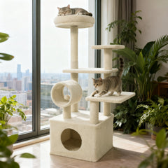 48 Inch Kitten Tower with Large Condo, Cylinder Tunnel and Padded Top Perch, Beige