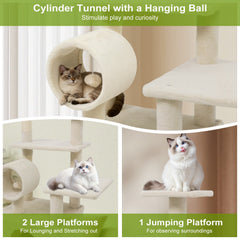 48 Inch Kitten Tower with Large Condo, Cylinder Tunnel and Padded Top Perch, Beige