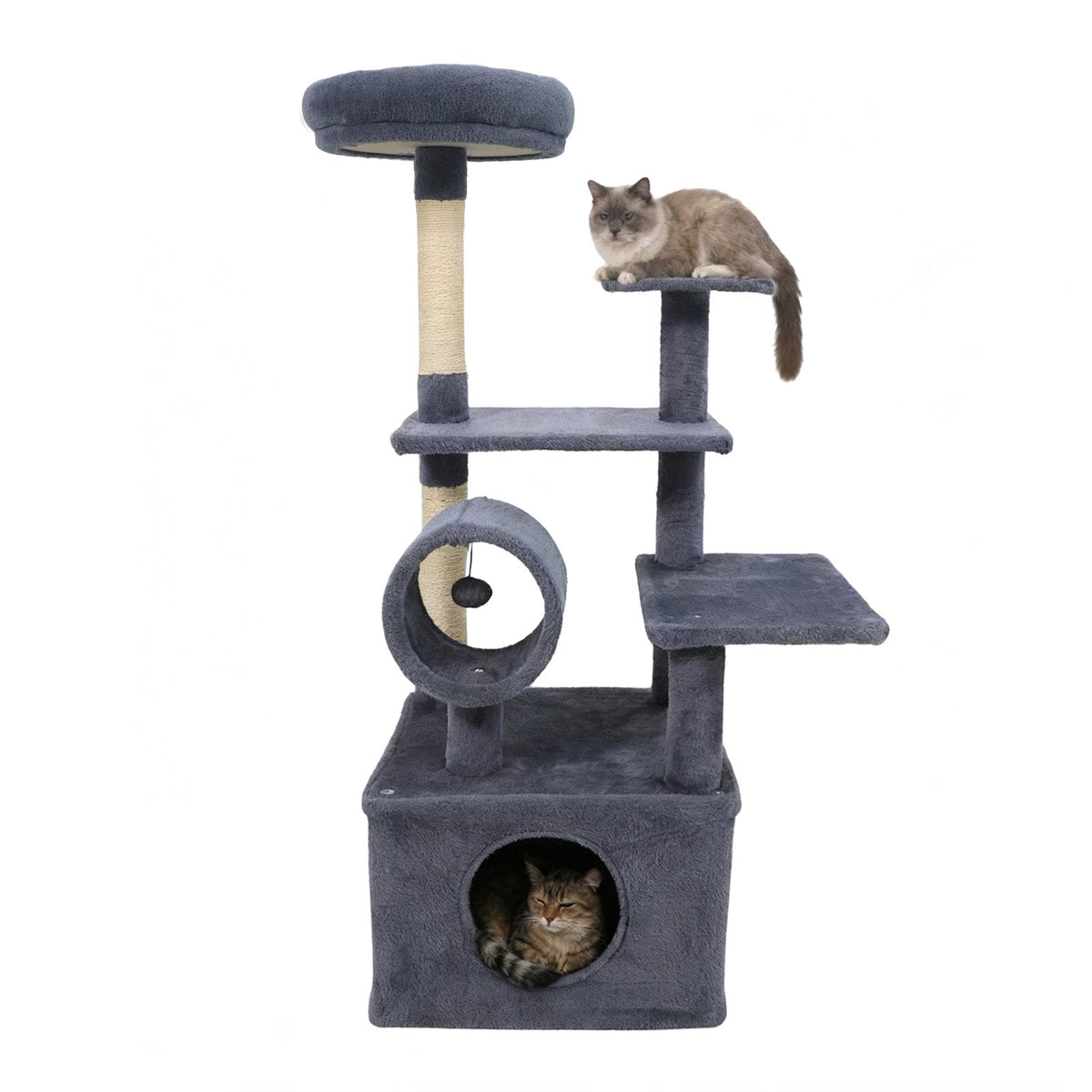 48 Inch Grey Cat Tree with 18 Inch Condo, Padded Tunnel and Anti Toppling Device