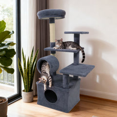 48 Inch Grey Cat Tree with 18 Inch Condo, Padded Tunnel and Anti Toppling Device