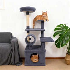 48 Inch Grey Cat Tree with 18 Inch Condo, Padded Tunnel and Anti Toppling Device