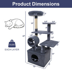 48 Inch Grey Cat Tree with 18 Inch Condo, Padded Tunnel and Anti Toppling Device