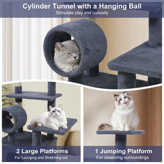 48 Inch Grey Cat Tree with 18 Inch Condo, Padded Tunnel and Anti Toppling Device