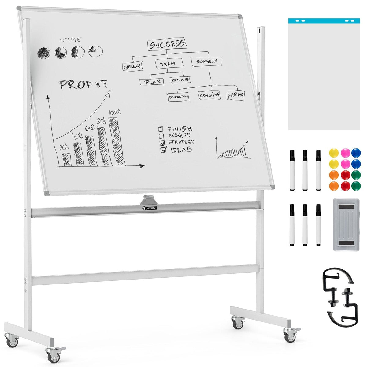 48 x 36 Inches Rolling Double-Sided Whiteboard with Magnetic Surface-White