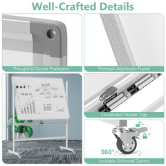 48 x 36 Inches Rolling Double-Sided Whiteboard with Magnetic Surface-White
