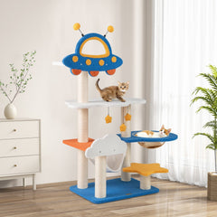 49 Inch Space Themed Cat Tree with UFO Top Perch, Transparent Capsule and Hammock, Blue