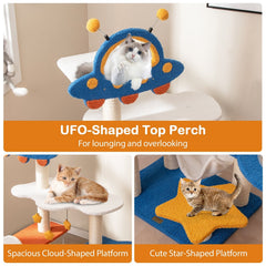 49 Inch Space Themed Cat Tree with UFO Top Perch, Transparent Capsule and Hammock, Blue