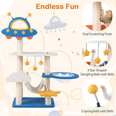 49 Inch Space Themed Cat Tree with UFO Top Perch, Transparent Capsule and Hammock, Blue