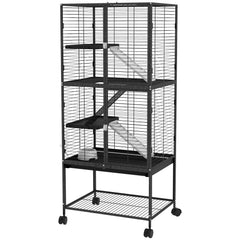 Rolling Small Animal Cage 34"H Chinchilla Cage for Ferrets, Squirrels w/ Removable Tray, Storage Shelf, Black