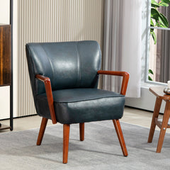Accent Chair, Modern Armchair, Faux Leather Upholstered Living Room Chair with Wood Legs and Wide Padded Seat, Black