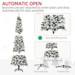 6 Foot Pencil Snow Flocked Artificial Christmas Tree with 600 Pine Realistic Branches, Pine Cones, Red Berries, Auto Open, Green