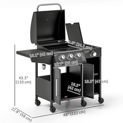 3 Burner Gas Grill with Side Burner, 9.5 KW Propane BBQ Grill, Cabinet Style with Shelves, Wheels, Instant Ignition