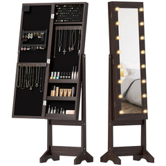 Free Standing Armoire Organizer, Lighted Mirrored Jewelry Cabinet w/ Angle Adjustable & 16 LED Lights Warm White