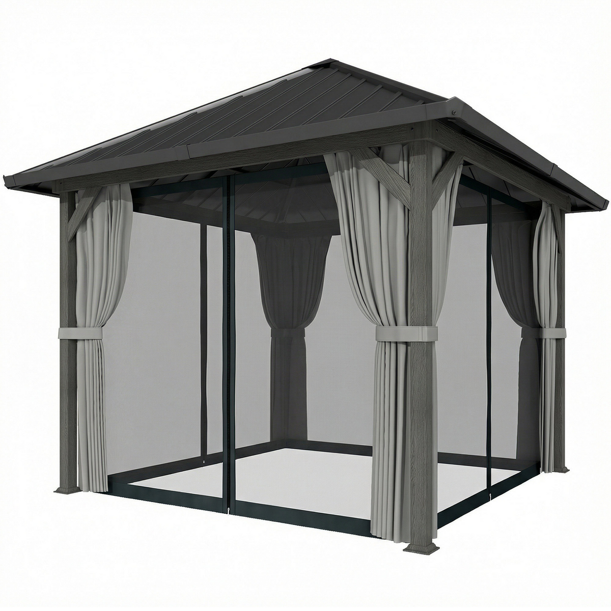 10' x 10' Hardtop Gazebo with Galvanized Steel Roof, Permanent Garden Gazebo with Netting and Curtains