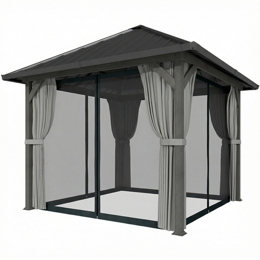 10' x 10' Hardtop Gazebo with Galvanized Steel Roof, Permanent Garden Gazebo with Netting and Curtains