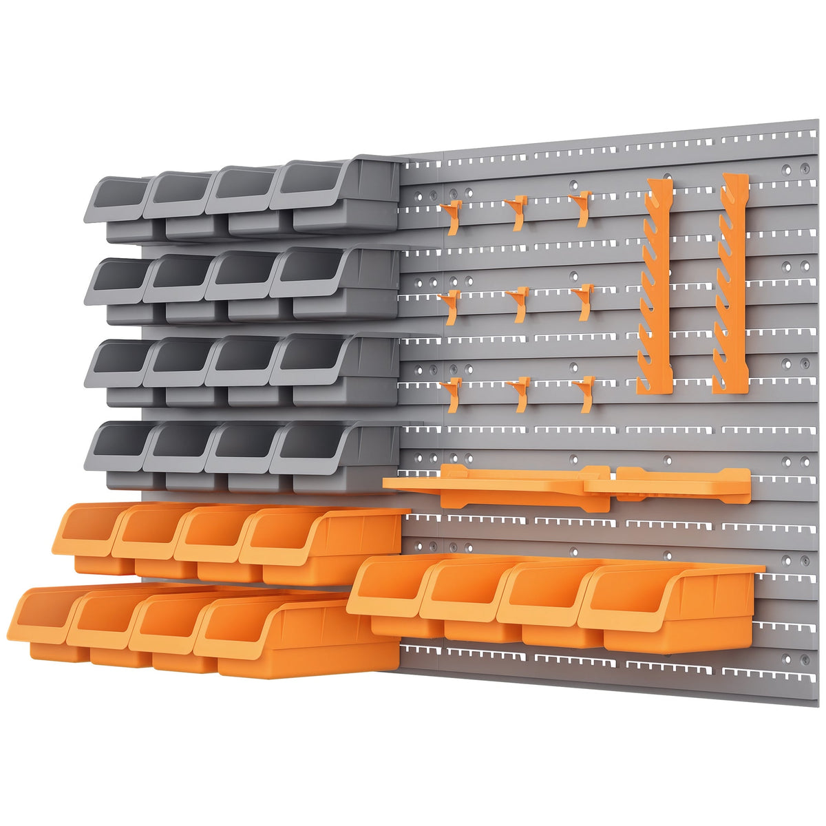 44PC Wall Mounted Storage Bins Parts Rack Kit with Storage Bins, Pegboard and Hooks, Garage Plastic Organizer, Orange