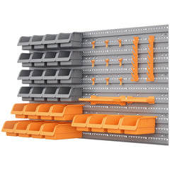 44PC Wall Mounted Storage Bins Parts Rack Kit with Storage Bins, Pegboard and Hooks, Garage Plastic Organizer, Orange