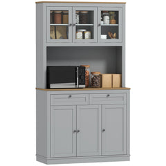 71" Pantry Cabinet with Microwave Space, Buffet with Hutch, 2 Drawers, Adjustable Shelves and Glass Doors, Blue