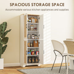 67" Tall Kitchen Pantry, Freestanding Kitchen Storage Cabinet with 4 Rattan Doors and Adjustable Shelves, Oak