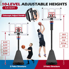 4.9-10 Feet Portable Basketball Hoop 10 Levels Adjustable with Fillable Base and Ball Storage