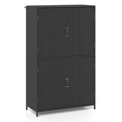4-Door Rattan Vertical Storage Shed with Adjustable Shelves-Black